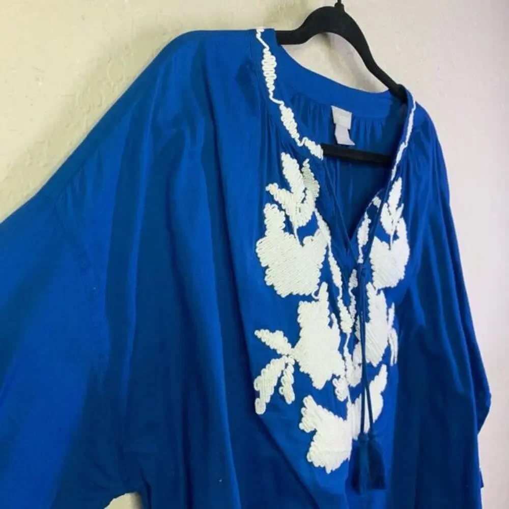 CHICO'S Blouse Embroidered Three-Quarter Sleeve Tassel Tie Neck Peasant Boho Top - Picture 6 of 11